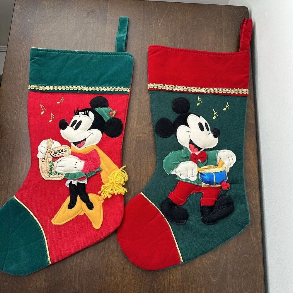Vintage Disney Mickey Minnie Mouse Felt 3D Christmas Stocking Drummer Caroler